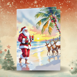 Watercolor Santa & Reindeer on the Beach Christmas Feiertagskarte