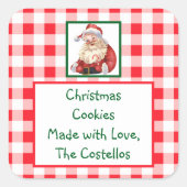 Watercolor Santa rote Gingham-KEKSE Quadratischer Aufkleber (Vorderseite)