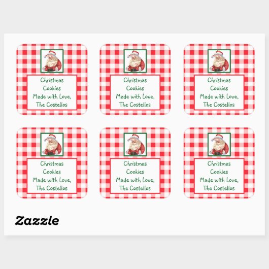 Watercolor Santa rote Gingham-KEKSE Quadratischer Aufkleber (Blatt)
