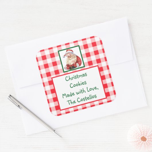 Watercolor Santa Rotkariert COOKIES Quadratischer Aufkleber (Umschlag)