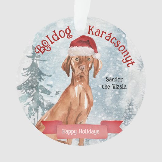 Watercolor Santa Vizsla Boldog Karacsonyt Ornament (Vorderseite)