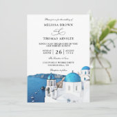Watercolor Santorini Greece Budget QR Code Wedding Einladung (Stehend Vorderseite)