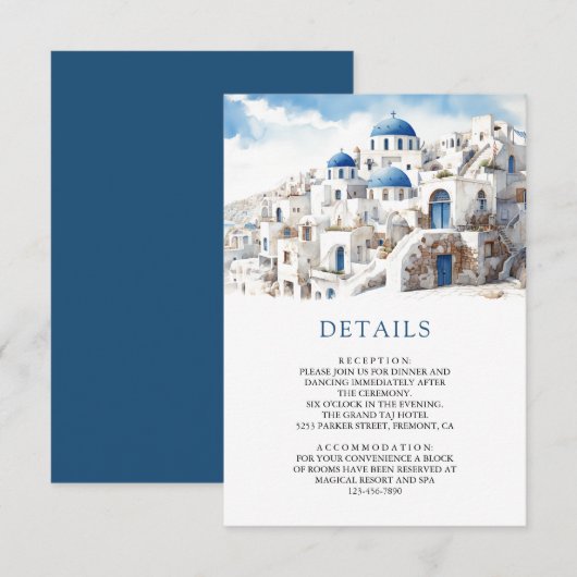 Watercolor Santorini Greece Wedding Details Begleitkarte (Vorne/Hinten)
