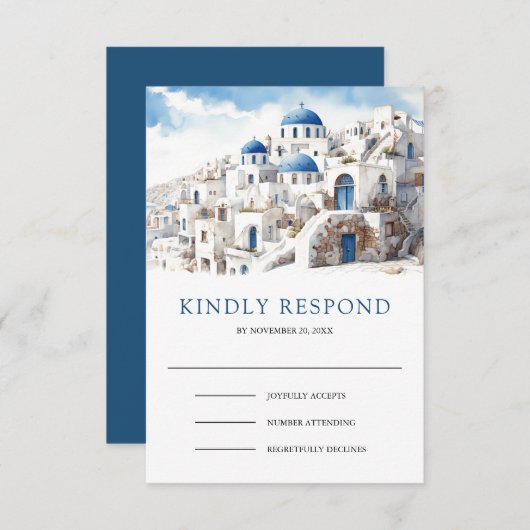 Watercolor Santorini Greece Wedding RSVP Karte (Vorne/Hinten)