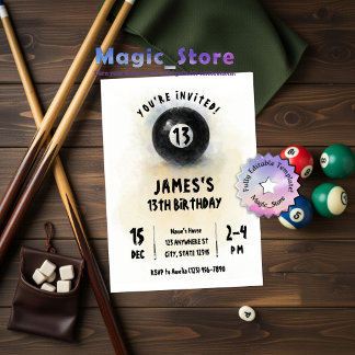 Watercolor Schwarz 8 Ball Billard Party Geburtstag Einladung