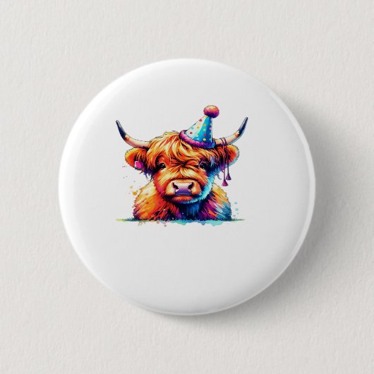 Watercolor Scottish Highland Cow Birthday Essentia Button (Vorderseite)