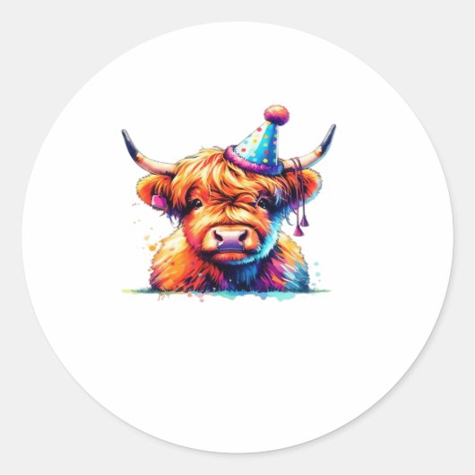 Watercolor Scottish Highland Cow Birthday Essentia Runder Aufkleber (Vorderseite)