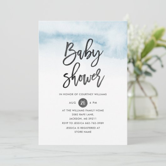 Watercolor Script Baby Dusche Einladung in Blue (Stehend Vorderseite)