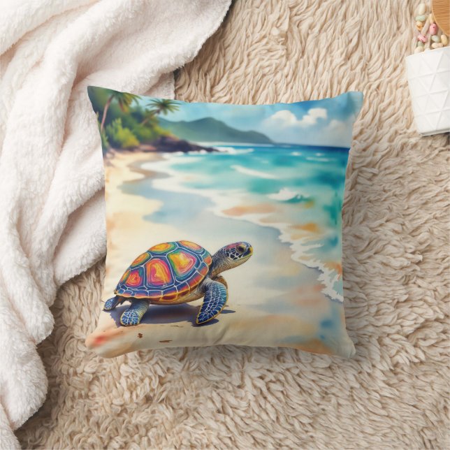 Watercolor Sea Turtle On a Beach Kissen (Decke)