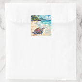 Watercolor Sea Turtle On a Beach Quadratischer Aufkleber (Tasche)