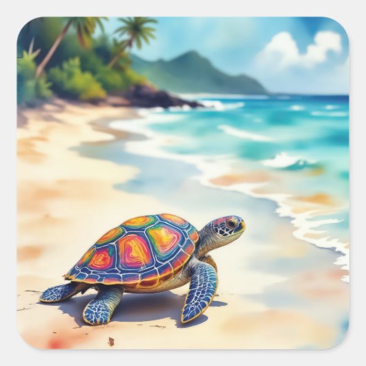 Watercolor Sea Turtle On a Beach Quadratischer Aufkleber (Vorderseite)