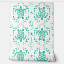 Watercolor Sea Turtles and Coral in Mint Green