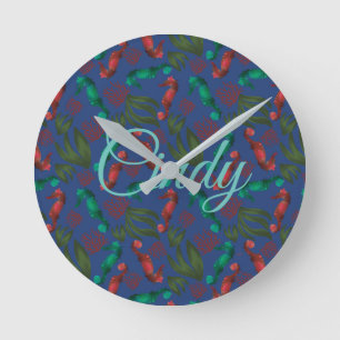 Watercolor Seahorse Indigo Nautical Personalized Runde Wanduhr