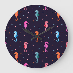 Watercolor Seahorses on Navy Blue Pattern Große Wanduhr