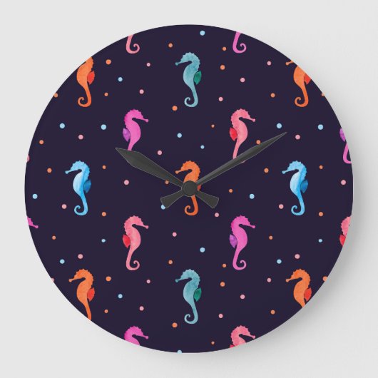 Watercolor Seahorses on Navy Blue Pattern Große Wanduhr (Vorderseite)