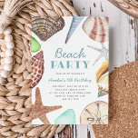 Watercolor Seashell Kids Beach Geburtstagsparty Einladung<br><div class="desc">Die niedlichen Party Einladungen des Sommers sind mit Aquarellfarben,  Seestern und Meerglas übersät,  darunter Junonia,  Conch,  Sand Dollar,  Auger und Muschel. Personalisieren Sie mit Ihrem Kindergeburtstag Party Details in der Mitte.</div>