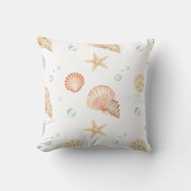 Watercolor Seashells Pearls Coastal Pattern Kissen (Vorderseite)