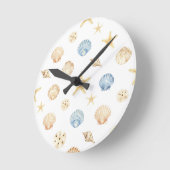 Watercolor Seashells Starfish Coastal Pattern Runde Wanduhr (Winkel)