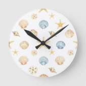 Watercolor Seashells Starfish Coastal Pattern Runde Wanduhr (Vorderseite)