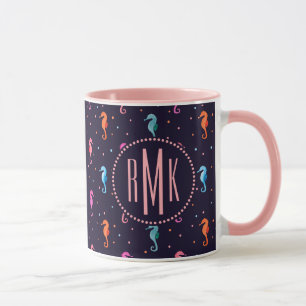 Watercolor-Seepferde auf Marine-Blau-Muster Tasse