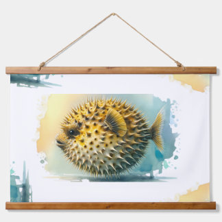 Watercolor Series: Blowfish Wandteppich Mit Holzrahmen