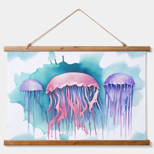 Watercolor Series: Jellyfish Bloom Wandteppich Mit Holzrahmen (Vorne)
