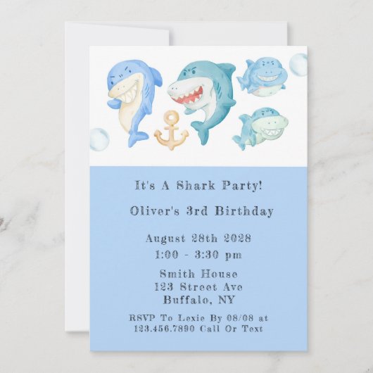 Watercolor Sharks Boy Birthday Party Einladung (Vorderseite)
