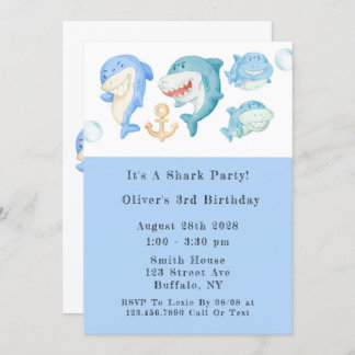 Watercolor Sharks Boy Birthday Party Einladung