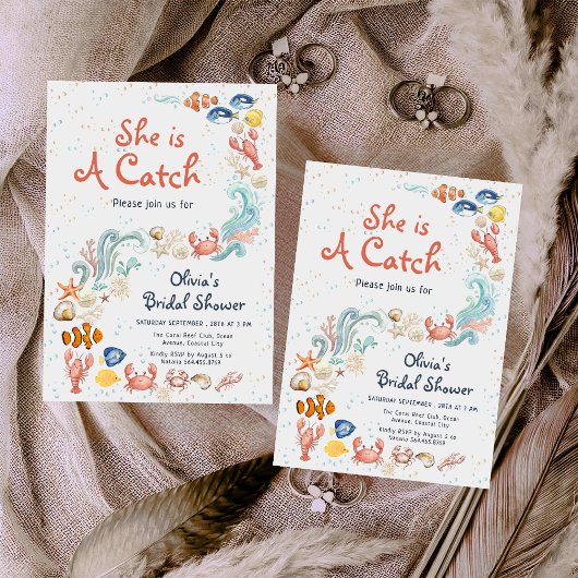 Watercolor She is Catch Ocean Theme Bridal Shower Einladung
