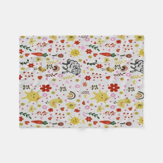 watercolor Sheep’s, Flowers & Sun Pattern  Fleecedecke (Vorderseite (Horizontal))