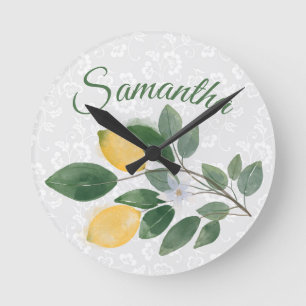 Watercolor Sicilian Lemons Name Runde Wanduhr