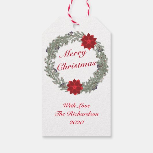 Watercolor Silver Red Christmas Wreath Poinsettia Geschenkanhänger (Rückseite)