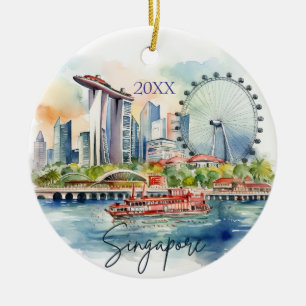 Watercolor Singapur Dated Keramik Ornament