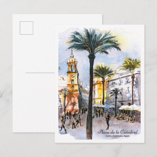 Watercolor sketch cathedral square Cadiz Spain Postkarte (Vorne/Hinten)