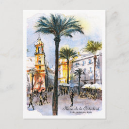Watercolor sketch cathedral square Cadiz Spain Postkarte