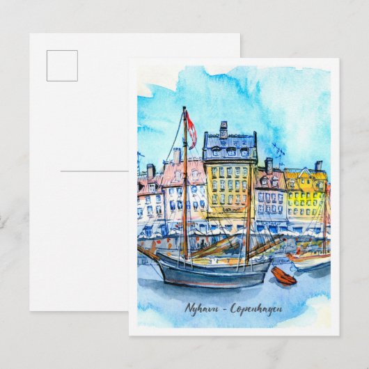 Watercolor Sketch Nyhavn Copenhagen Postkarte (Vorne/Hinten)