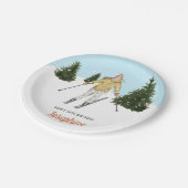 Watercolor Skier Girl And Trees Winter Birthday Pappteller (Schrägansicht)