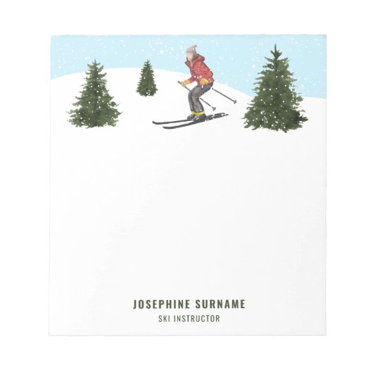 Watercolor Skier Woman In Winter Ski Instructor Notizblock (Vorderseite)