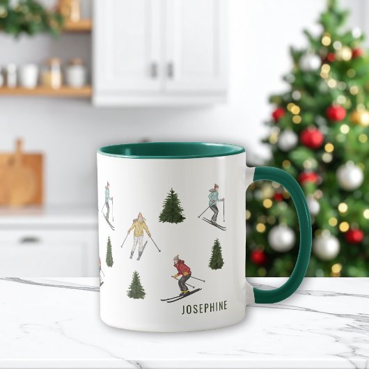 Watercolor Skiers And Fir Trees With Name Festive Tasse