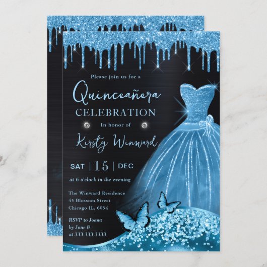 Watercolor Sky Blue Glitzer Dress Quinceanera Einladung (Vorne/Hinten)