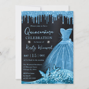 Watercolor Sky Blue Glitzer Dress Quinceanera Einladung