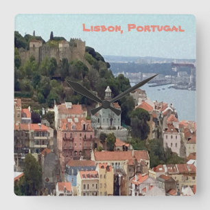 Watercolor Skyline of Lisbon Quadratische Wanduhr