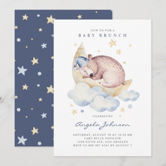 Watercolor Sleeping Baby Bear Baby Brunch Einladung (Vorne/Hinten)