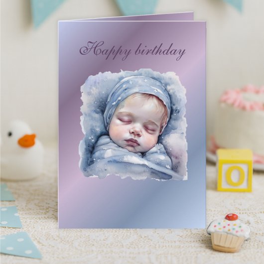 Watercolor Sleeping Baby Birthday Card,soft pastel Karte