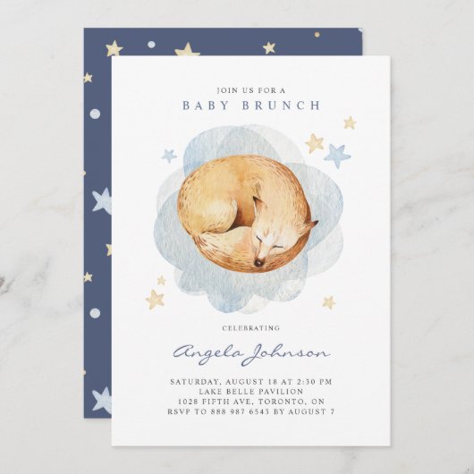 Watercolor Sleeping Baby Fox Baby Brunch Einladung (Vorne/Hinten)