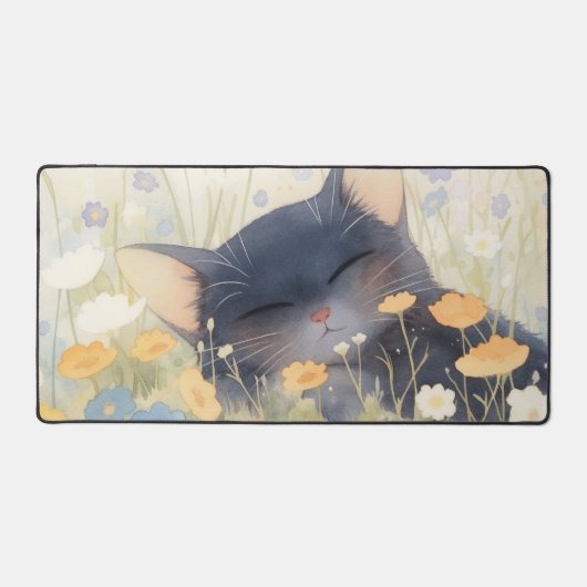 Watercolor Sleeping Black Cat Pastel Wildflower Schreibtischunterlage (Vorderseite)