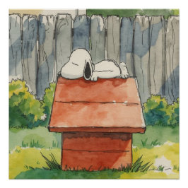 Watercolor Sleeping Dog on Red Doghouse Art Poster