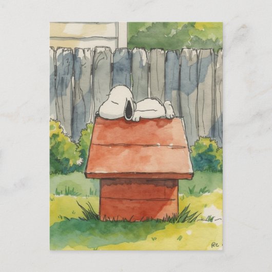 Watercolor Sleeping Dog on Red Doghouse Art Postkarte (Vorderseite)