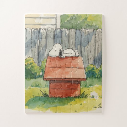 Watercolor Sleeping Dog on Red Doghouse Art Puzzle (Vertikal)
