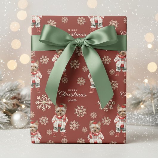 Watercolor Snowflakes Terracotta Yorkie Geschenkpapier